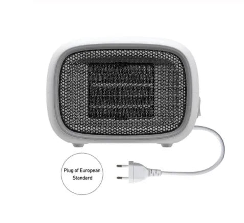 Green mini ceramic heater with compact design showing dimensions and ventilation grille