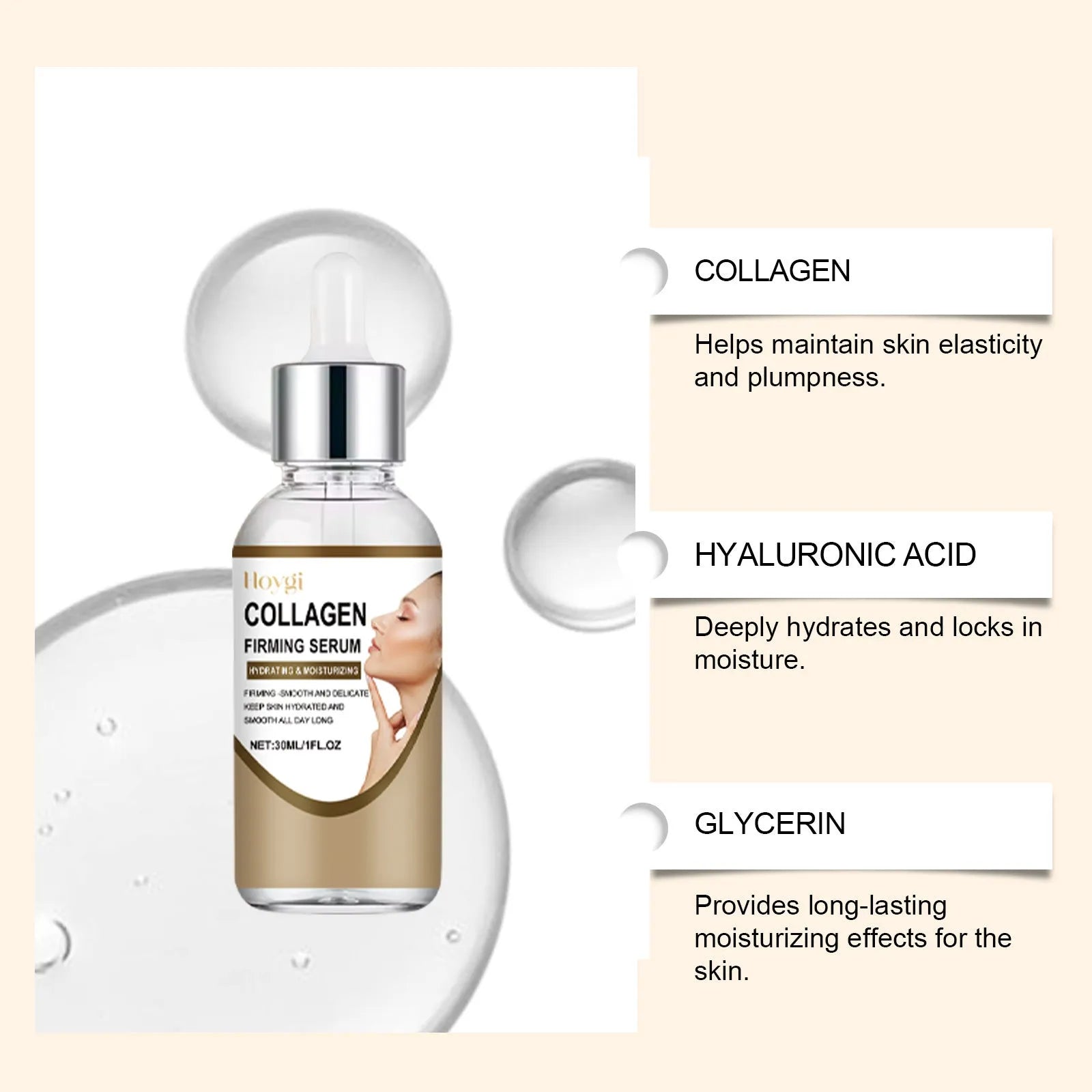 30ml collagen firming care solution tube with hyaluronic acid measuring 10.3cm tall