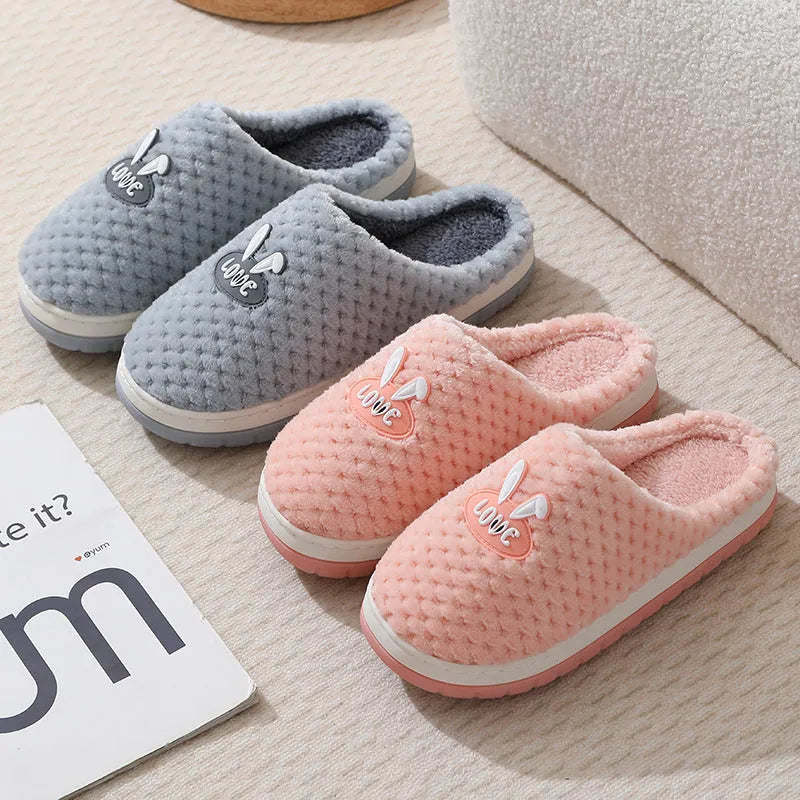 Women's plaid rabbit design artificial fur house slippers with thick rubber soles