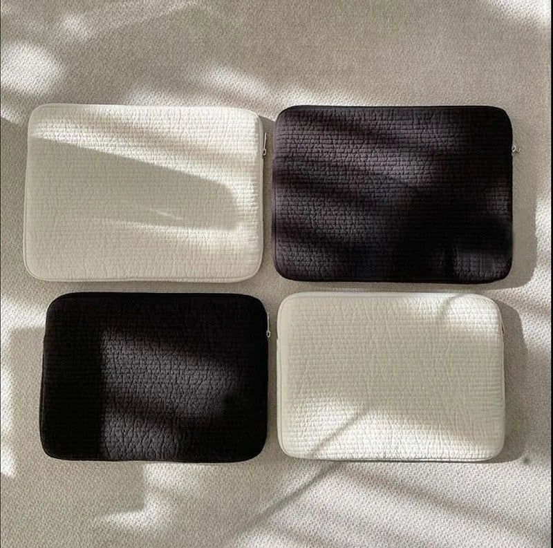 Black and white anti-seismic cotton cloth laptop bag for tablets, shown with a coin pocket.