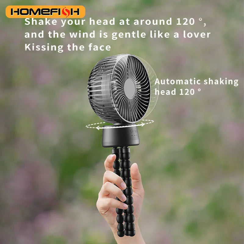 HOMEFISH F2 automatic shake head handheld fan with LED light and removable bracket on a table.