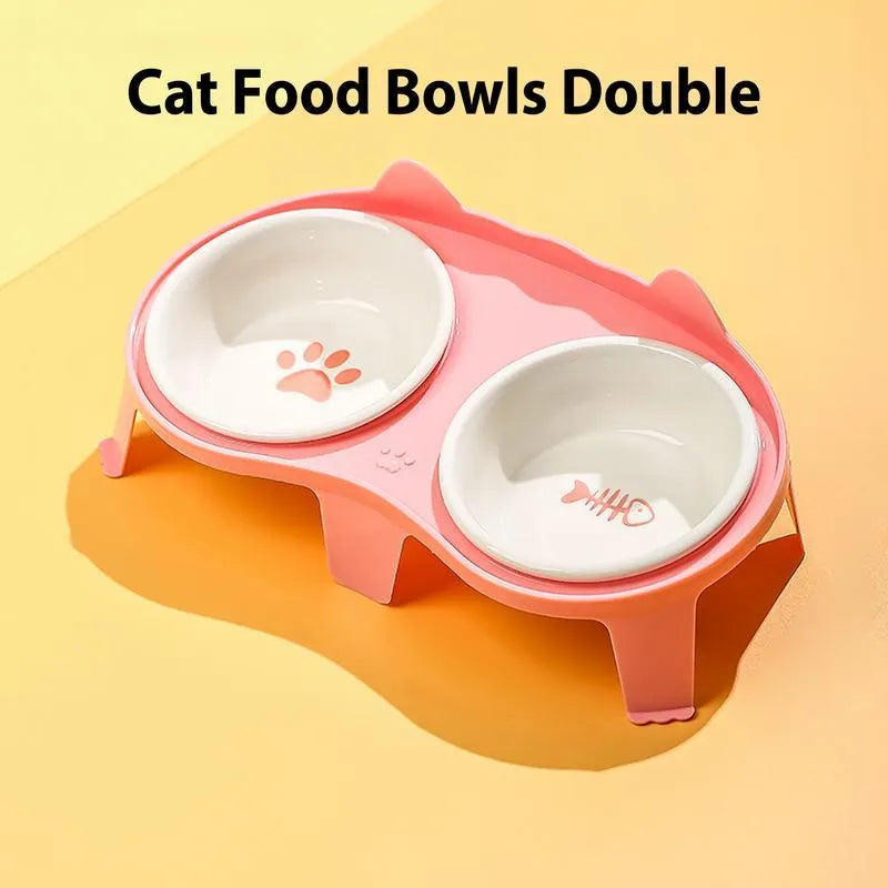 Ceramic cat food and water bowl set on elevated tilted stand with hook design in blue colour