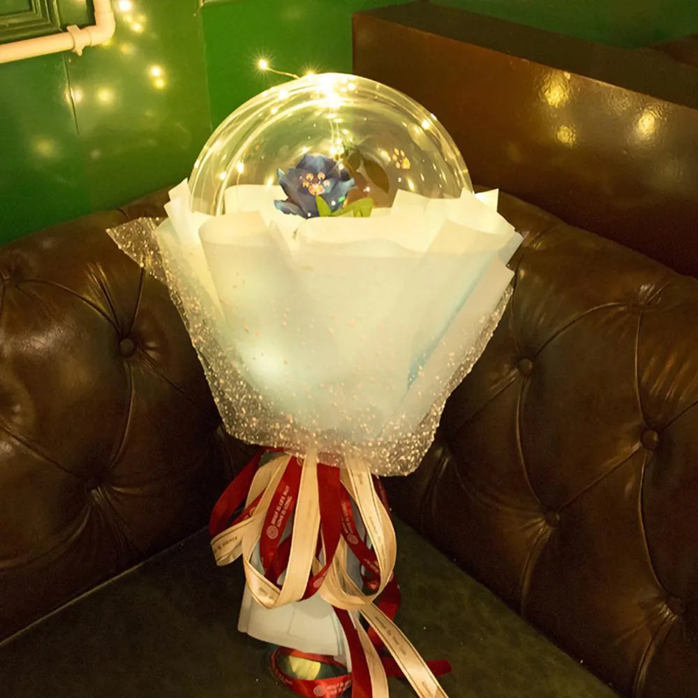 Transparent LED luminous balloon with artificial rose and built-in light, shown as a DIY bouquet kit.