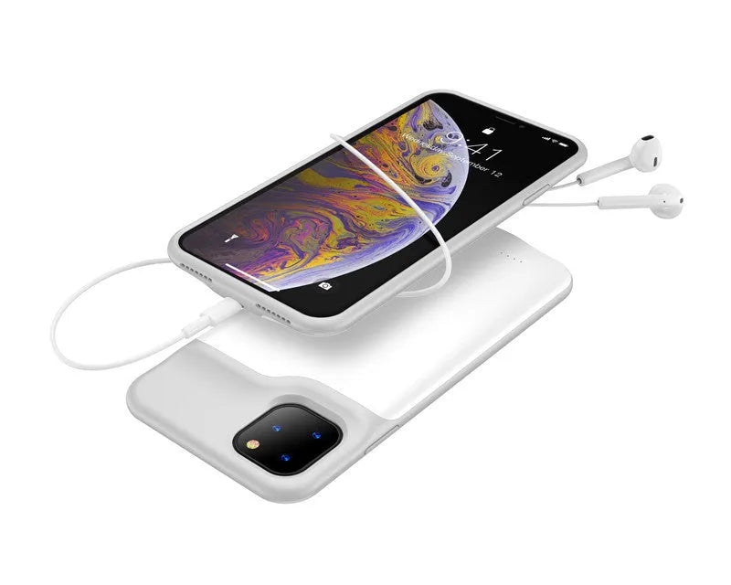 Shockproof silicone iPhone battery charger case in black, blue, pink, or white, showing integrated high-capacity battery.