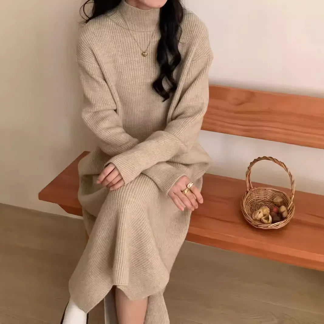 Beige acrylic knit dress with half-turtleneck collar and high waist.