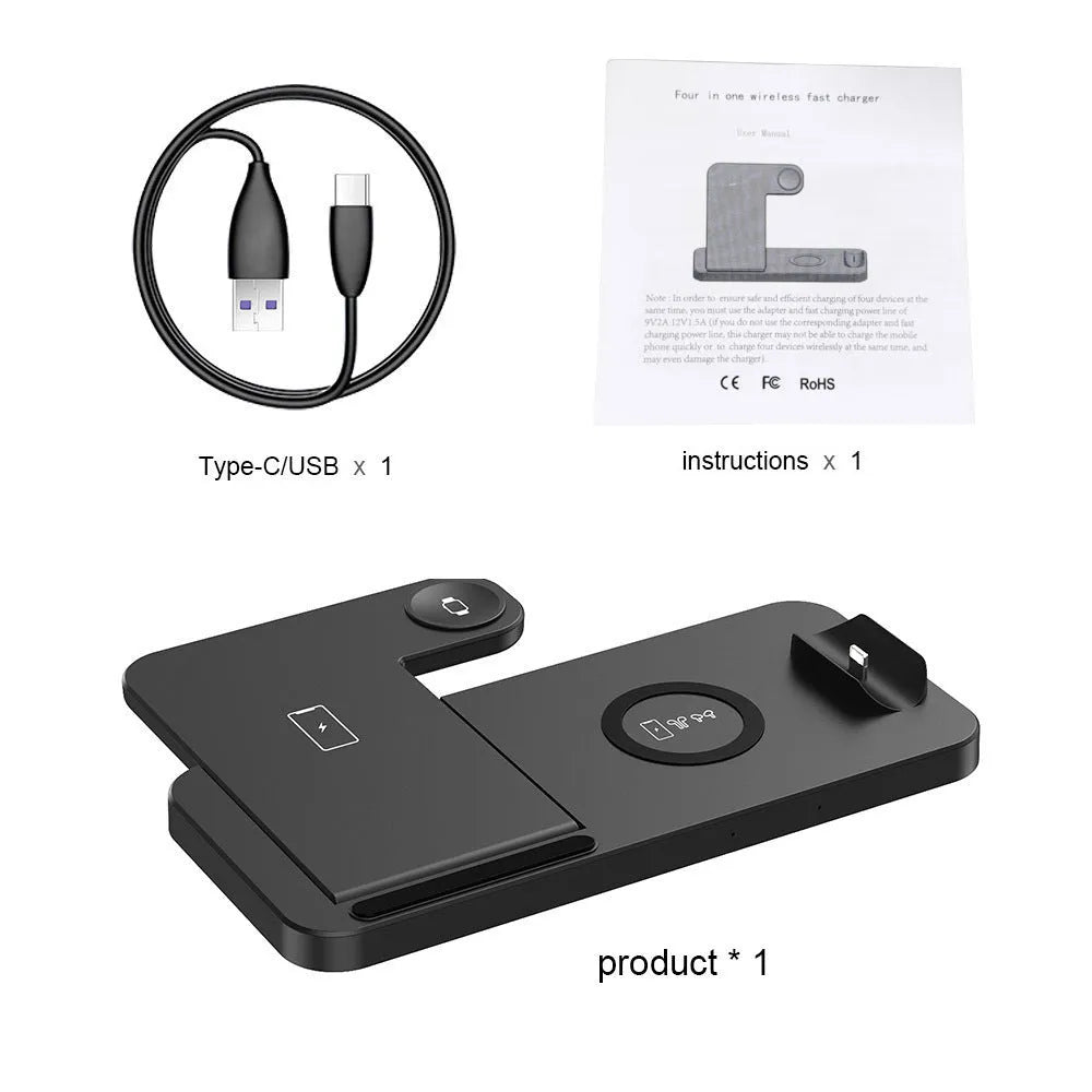 Fdgao 15W 4 In 1 desktop wireless charger in black with dual coils, charging a phone, Apple Watch, and Airpods