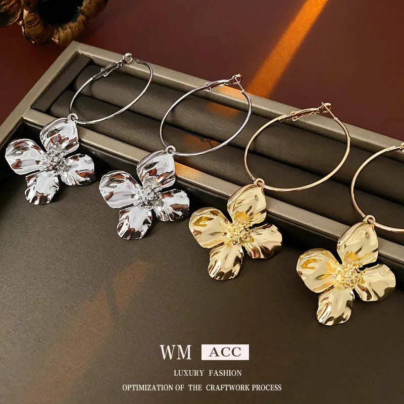 Metal flower geometric earrings with silver needle cold-processed style in gold or silver electroplated finish