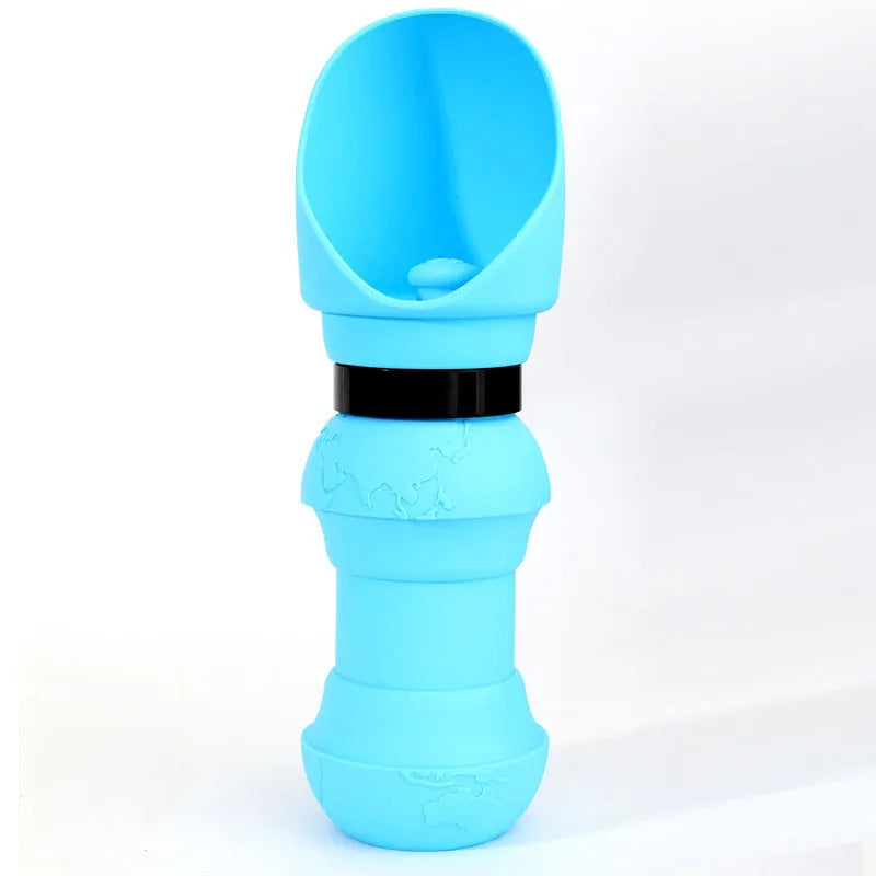Collapsed and expanded views of a silicone folding water cup for pets in a choice of colours.