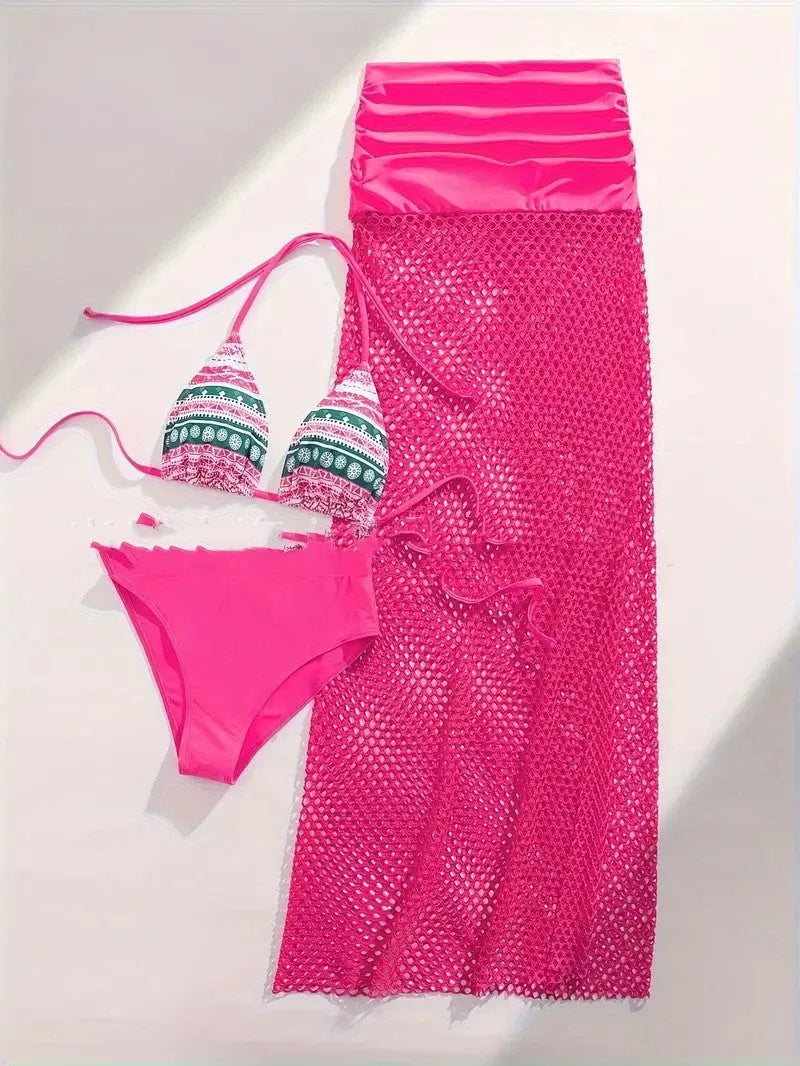 Women's brown gradient fishnet long skirt and bikini three-piece set on a mannequin