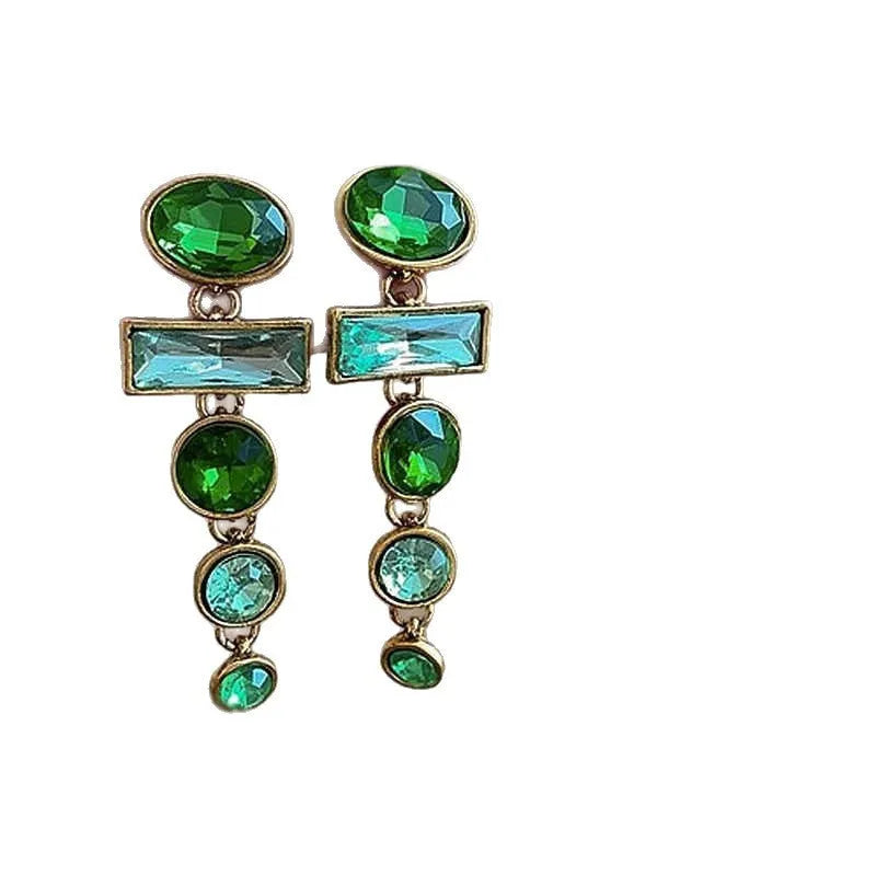 Green gradient geometric Chinese style tassel earrings with inlaid zircon detailing on alloy studs