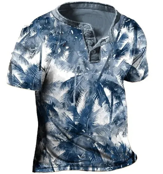 Men's light blue short sleeve sports t-shirt with a lapel and button front detail.