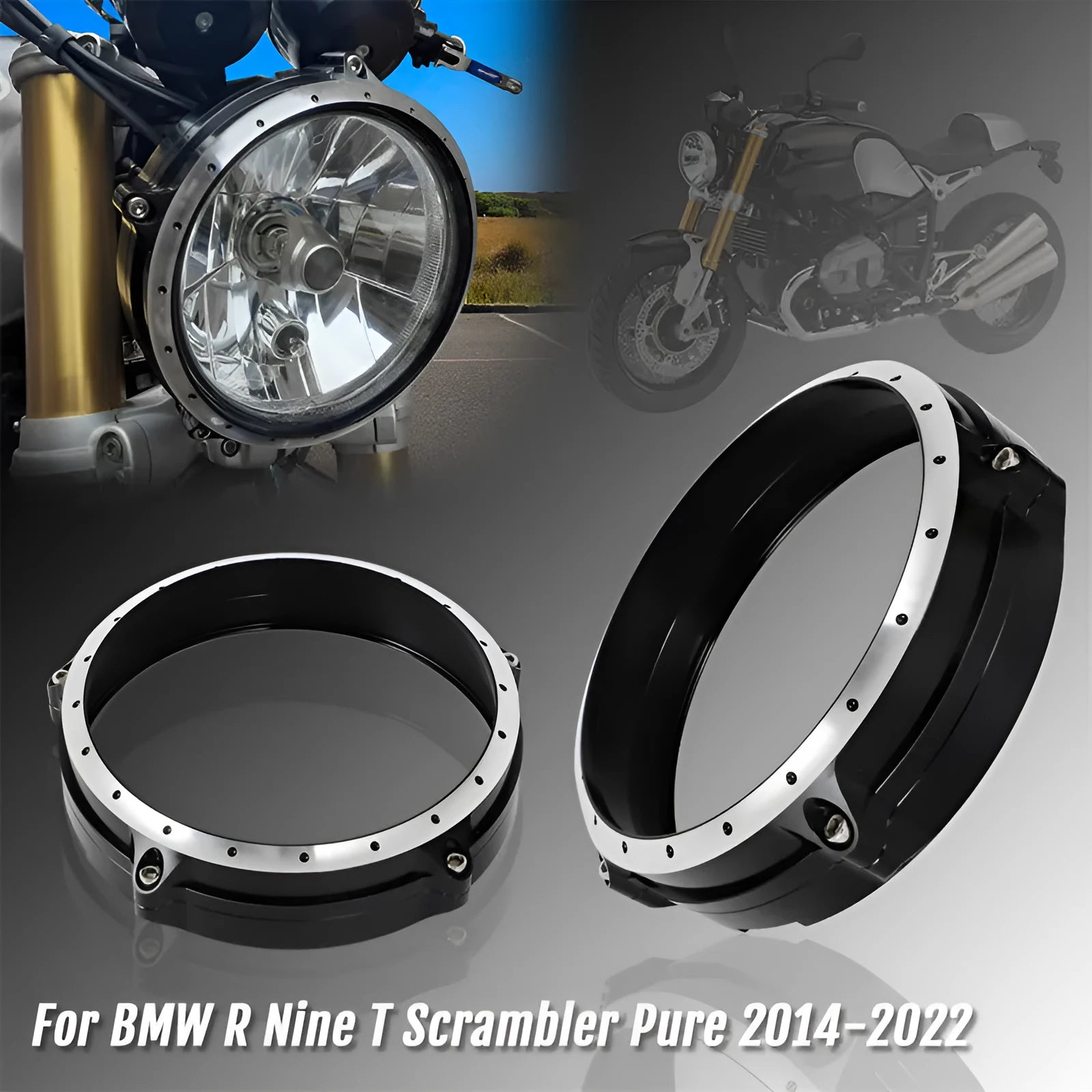 Black CNC aluminium headlight cover protective frame for BMW R NineT Scrambler motorcycle.