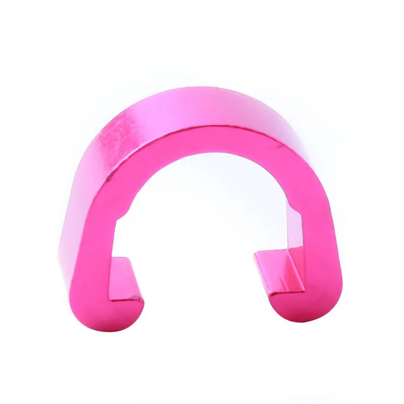 Set of ten small aluminium alloy C-shaped buckles in assorted colours including black, blue, gold, and pink.