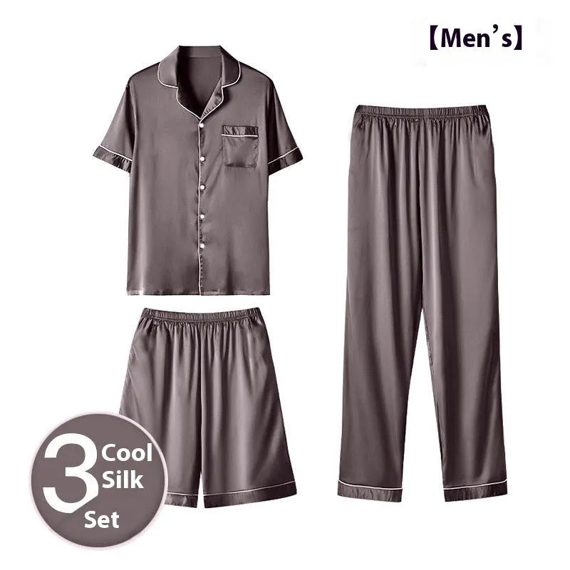 Men's ice silk three-piece pyjama set in black, showing shorts and trousers for lightweight home wear.