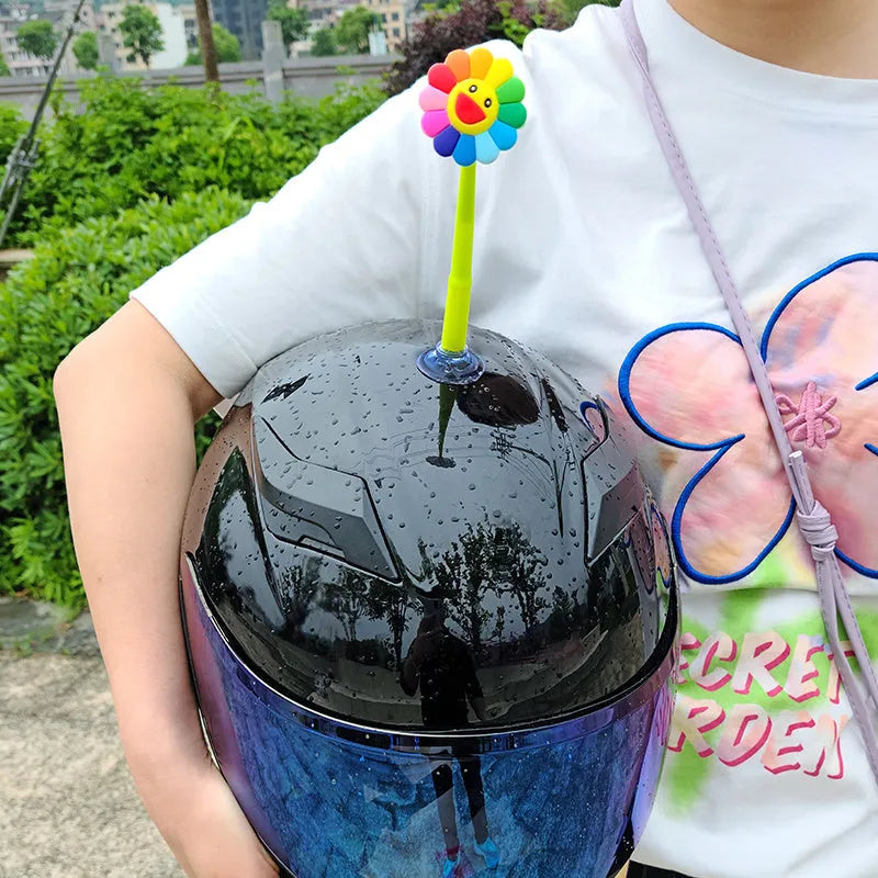 Silicone sunflower helmet decoration with suction cup and swinging stem on motorcycle helmet