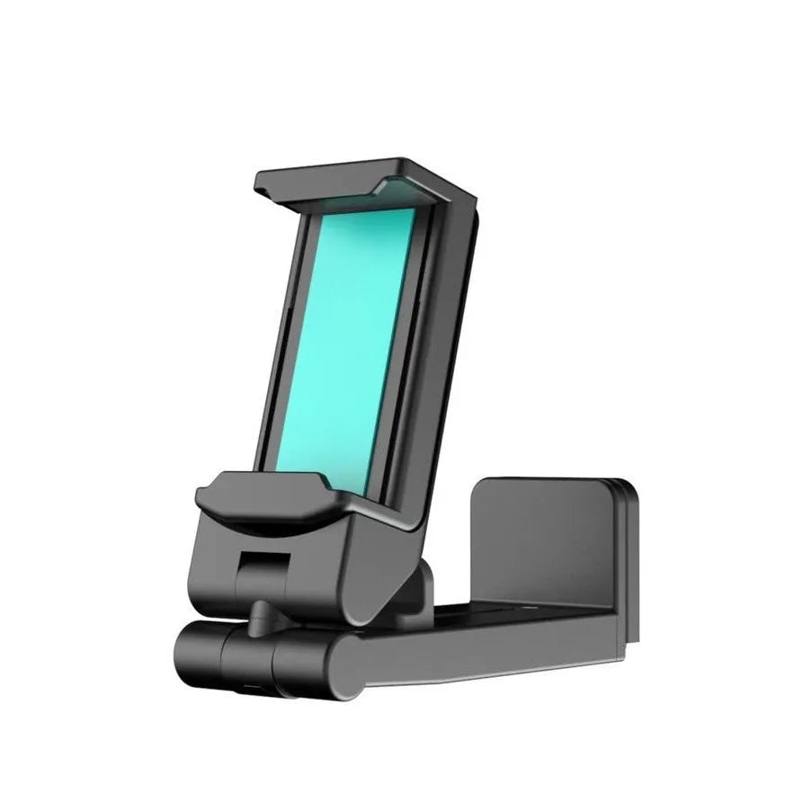 Foldable rotating universal phone holder in black, grey, or green colour showing its adjustable clamp and legs.