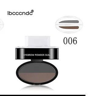 Eyebrow powder stamp with dual powders and reusable stencils in dark brown and light brown shades.
