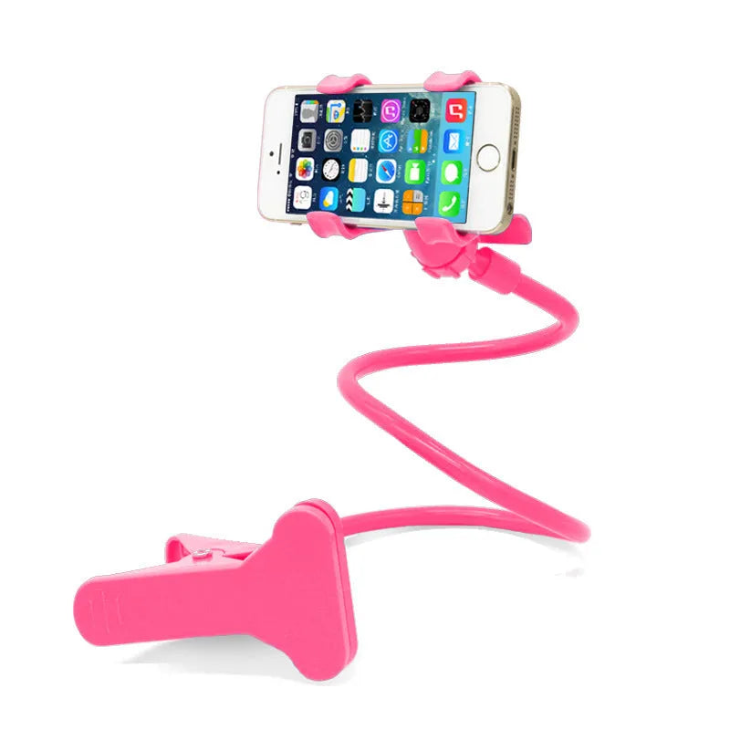 Black flexible arm phone holder with V-clip for smartphones on bed frame