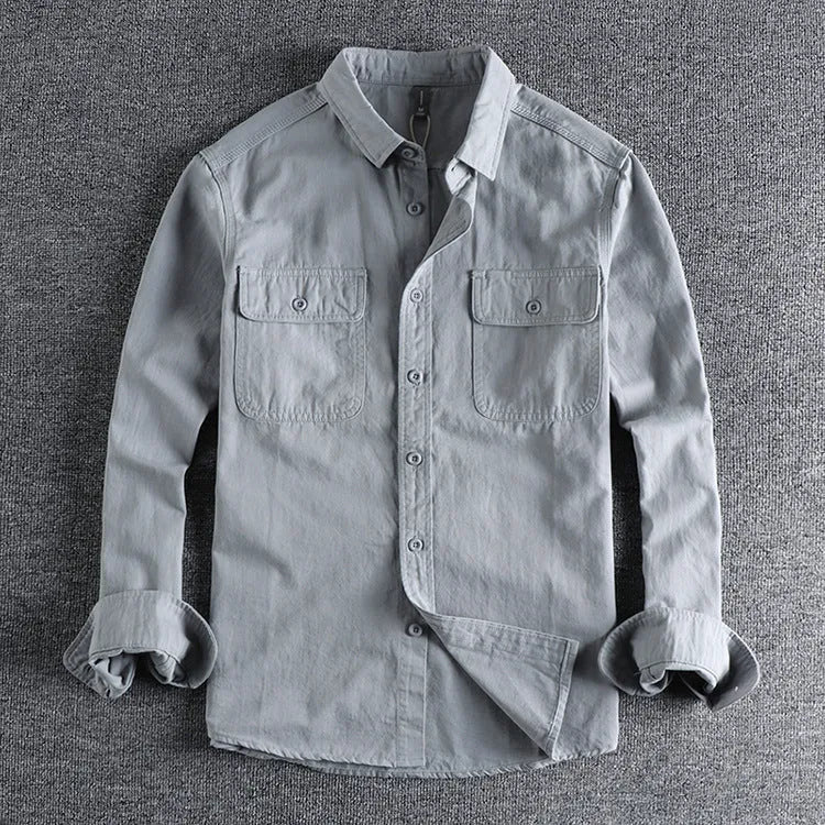 Men's loose fit long sleeve cardigan shirt in polyester, shown in light grey, black, khaki, or green.