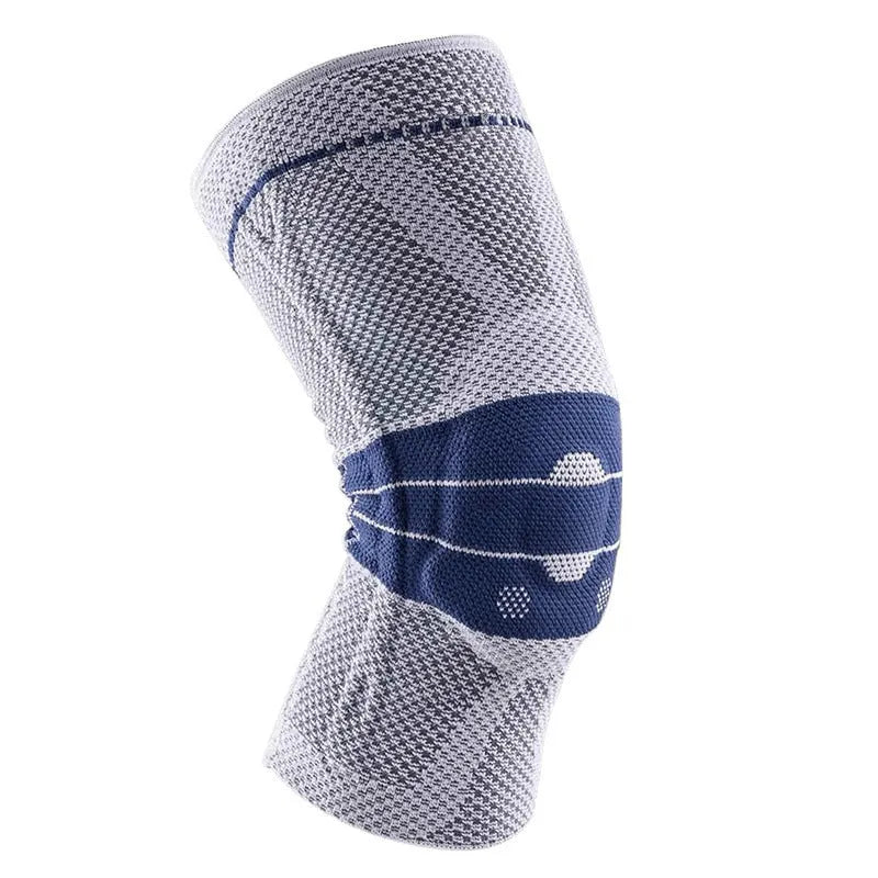 Adult black and blue nylon spandex knee pad for sports protection.