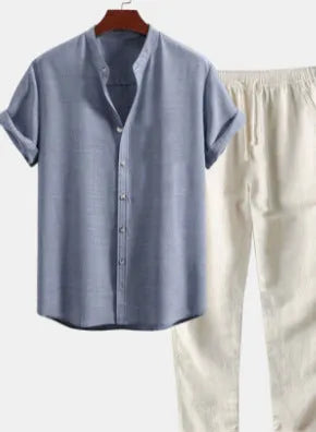 Men's loose fit casual short sleeve shirt and trousers set in linen-look fabric