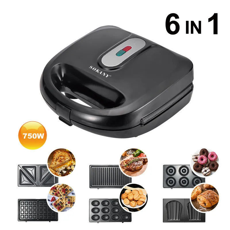 Black electric sandwich toaster with double-sided heating and six non-stick plates on a countertop.
