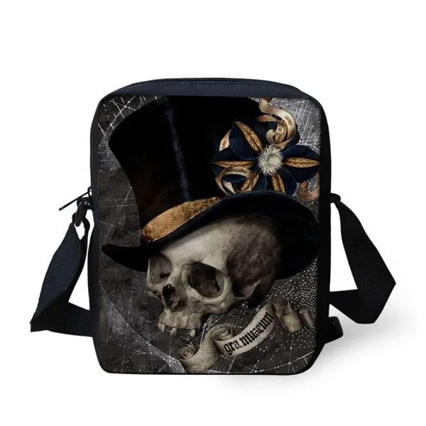 Children's messenger bag with skull pattern showing double adjustable straps and zippered main compartment