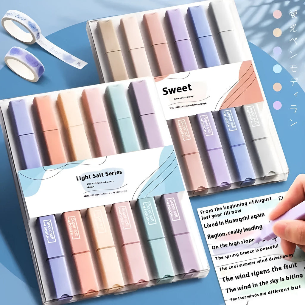 Set of double tipped fluorescent marker pens in assorted colours for highlighting and writing.