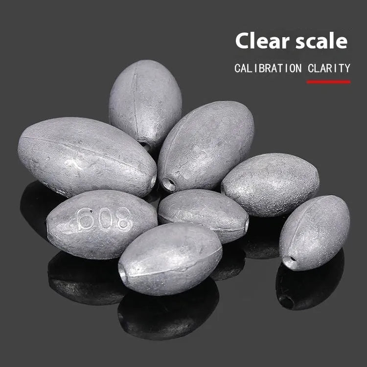 Tongxin olive lead fishing sinker with scale pattern in rugby shape, showing weights from 10g to 150g