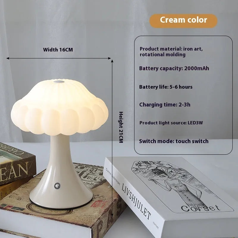 Mushroom-shaped touch control night lamp in wood grain colour on a wooden table.