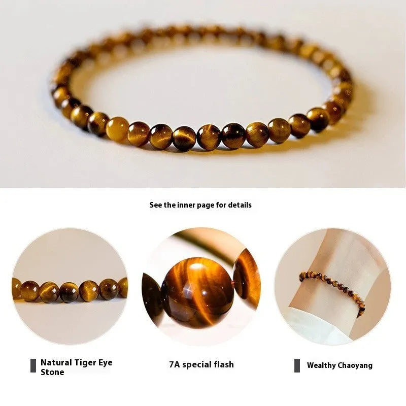 Tigereye bracelet with geometric new Chinese style design showing round beads in natural stone