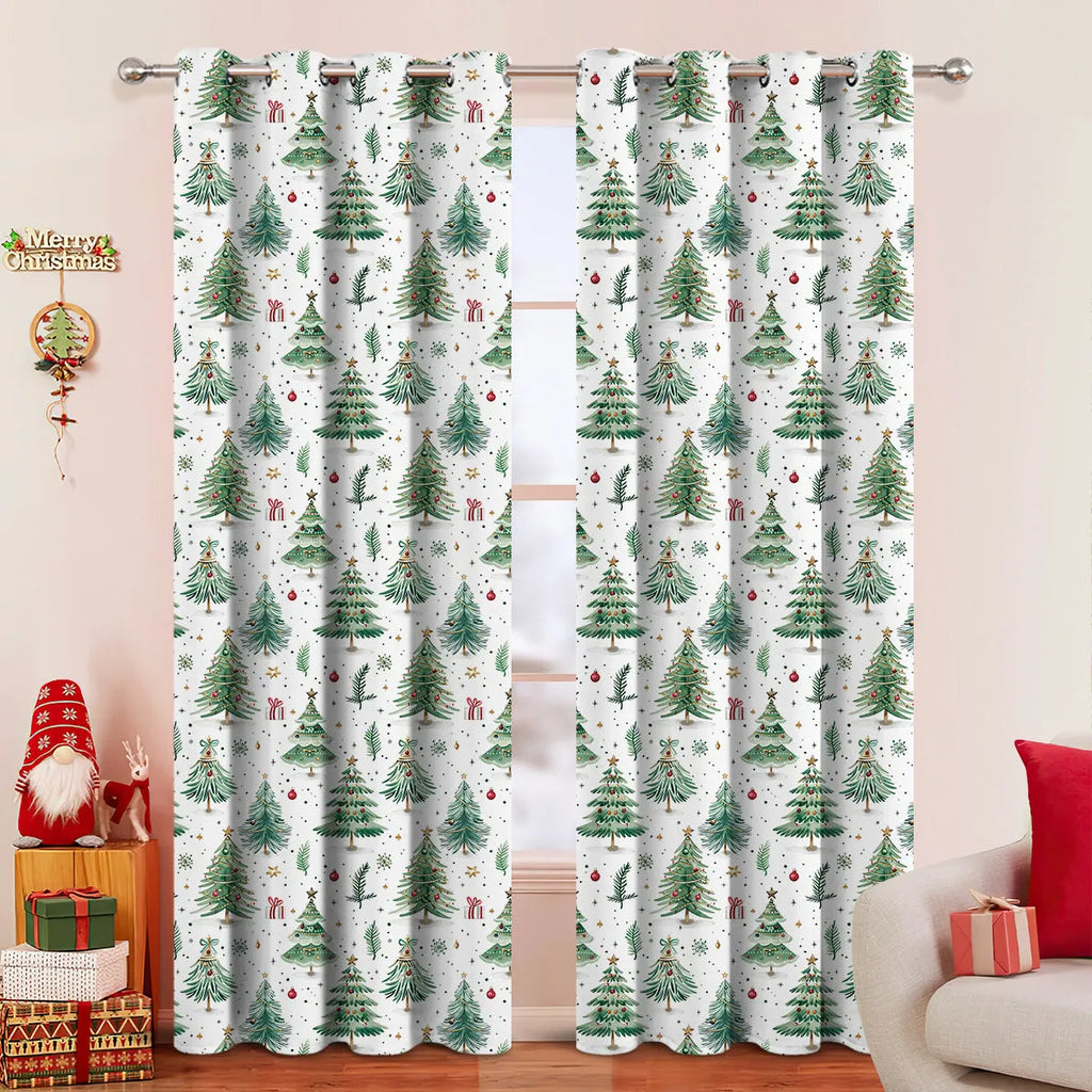 Close-up of a white polyester curtain with a punched Christmas tree forest pattern, showing its texture and light-filtering quality.
