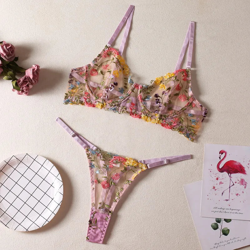 Traditional floral 3/4 cup mesh bra with steel ring and matching T-back underwear in skin colour.