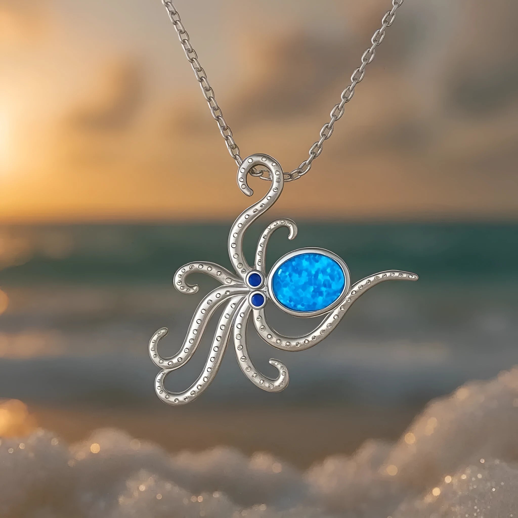 Silver geometric octopus pendant necklace with opal inlay on stainless steel chain