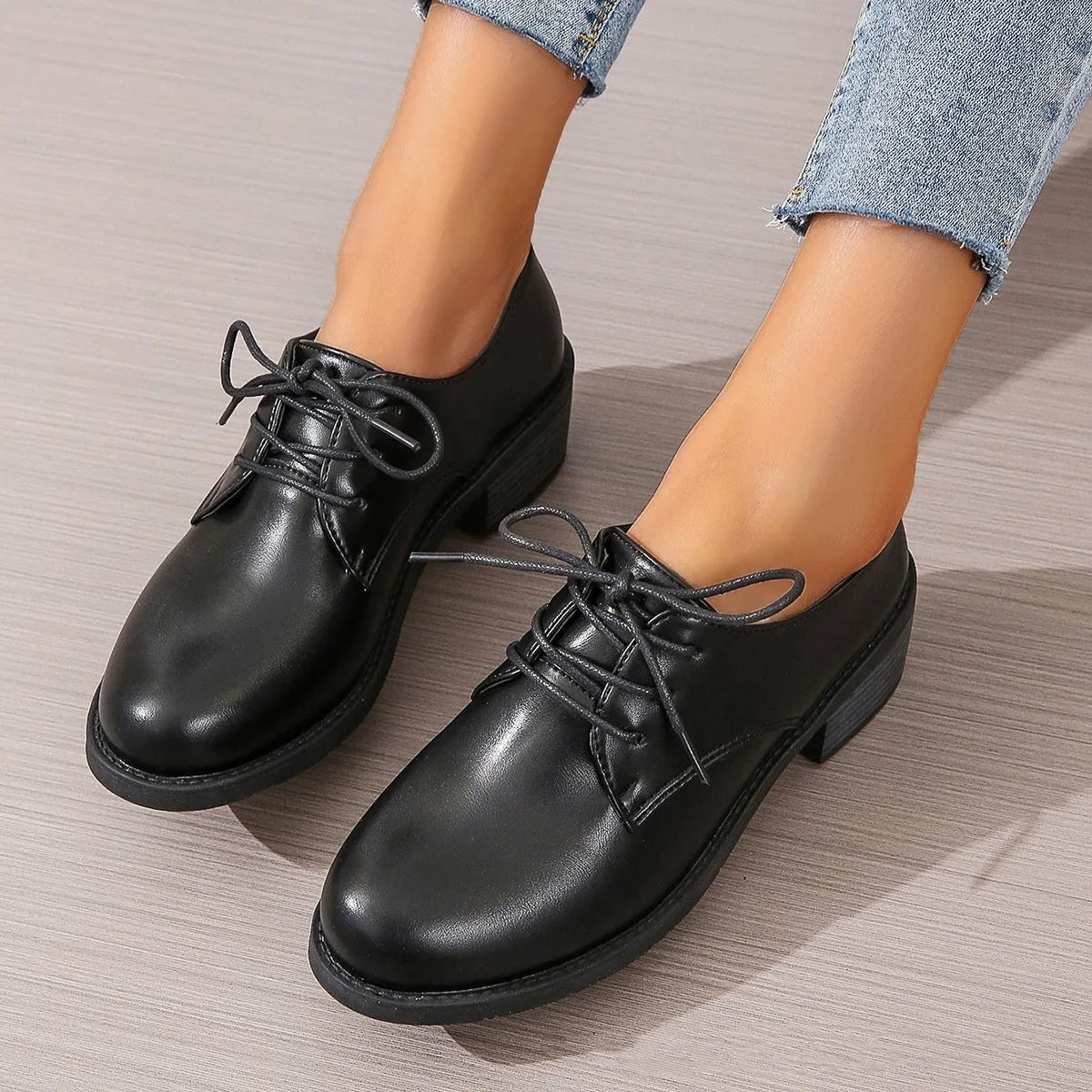 Black women's work shoes with chunky heel and soft rubber sole