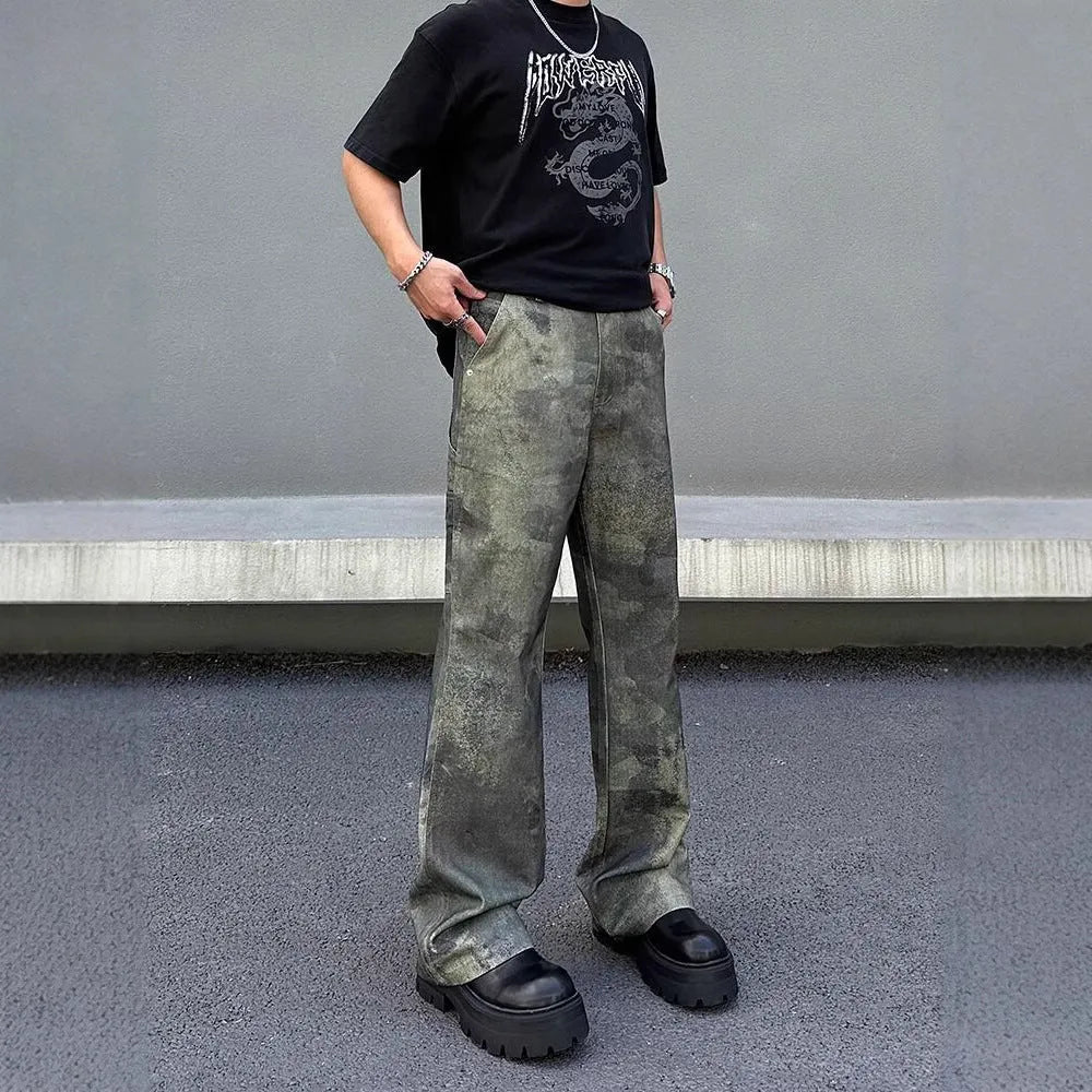 Men's straight leg jeans with retro digital camouflage pattern on dark denim fabric