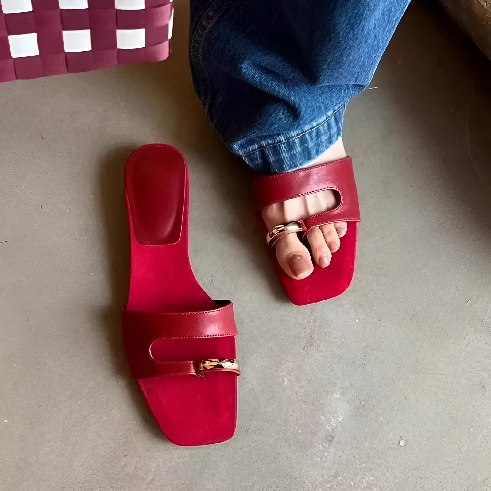Women's plus size square toe outdoor slippers in leather with a rubber sole.