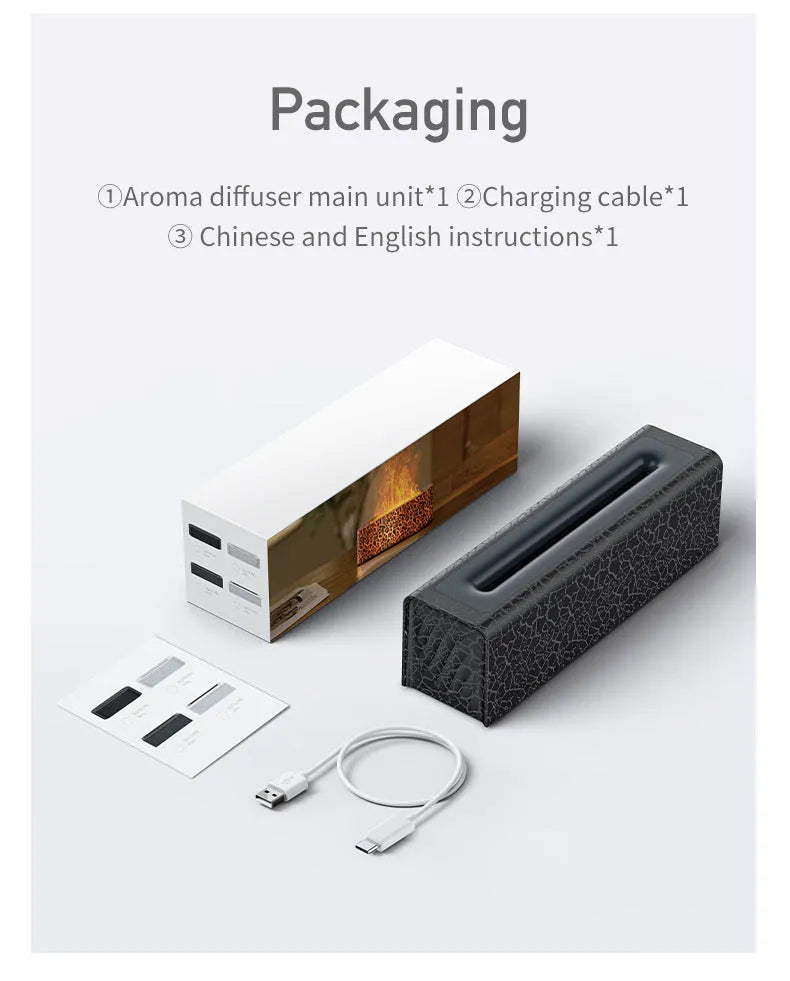 Square black lava flame aroma diffuser humidifier with USB cable on desktop