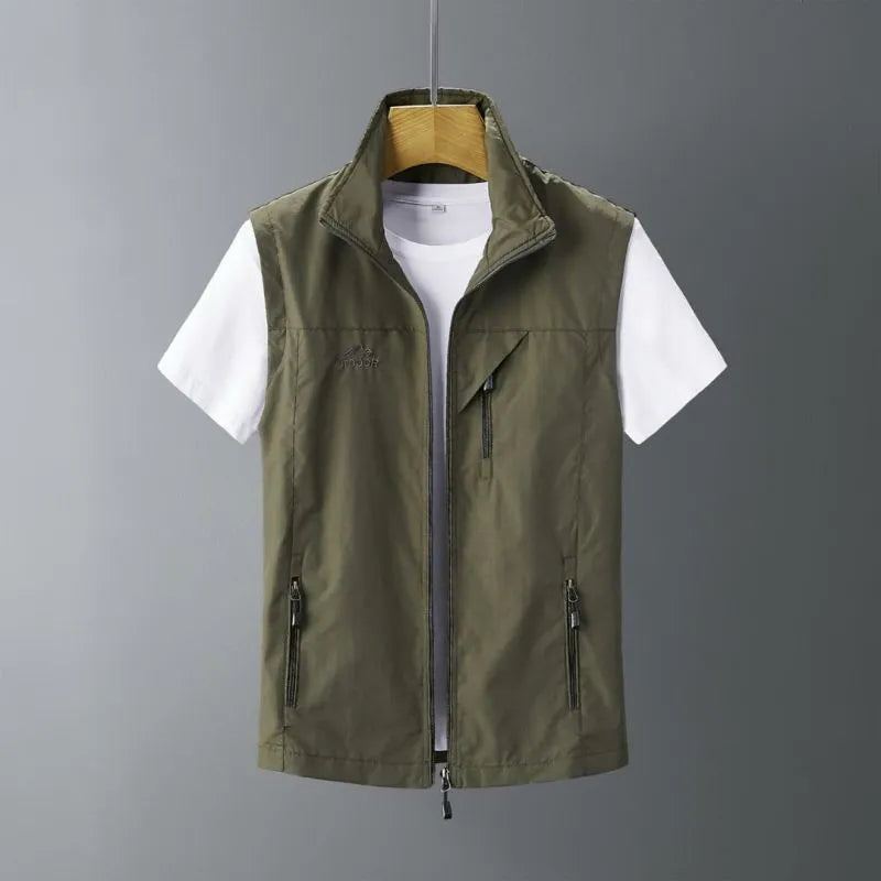 Men's slim-fit rabbit fur waistcoat vest with a hood in army green colour.