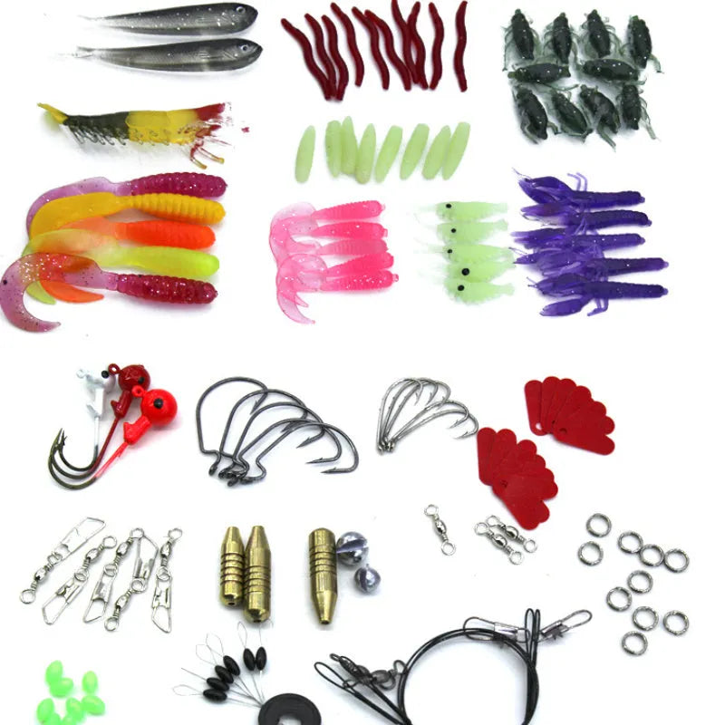 132-piece fishing lure set with soft baits and fishhooks in rose red colour