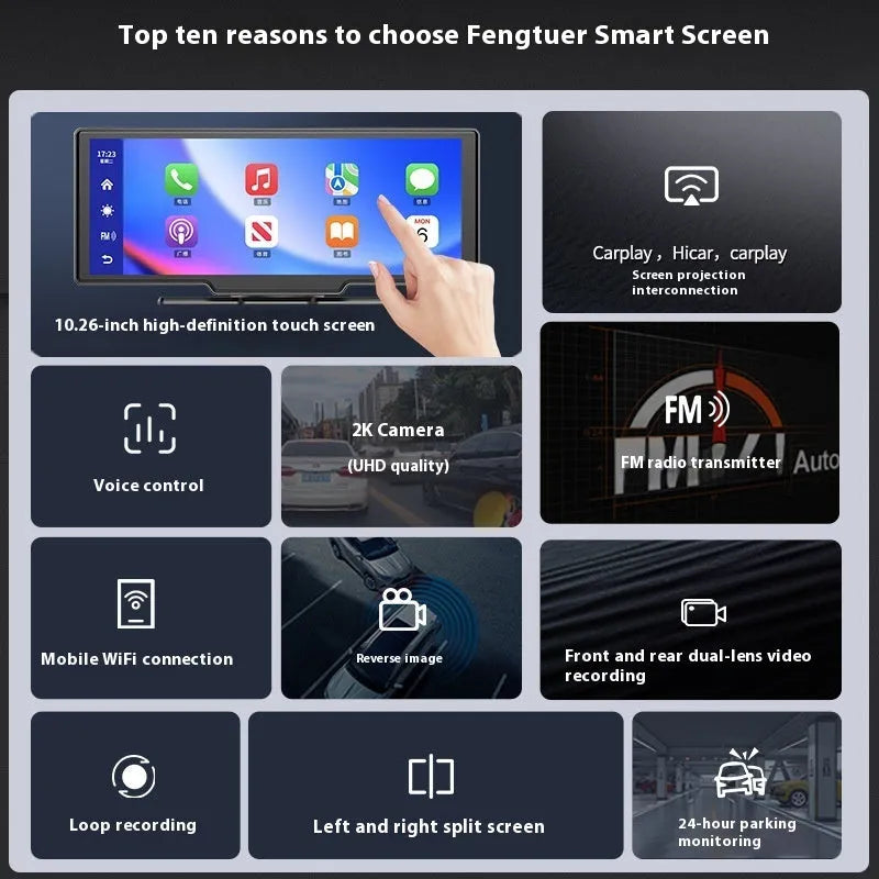 10 inch car touchscreen smart system with CarPlay, navigation, and dual dash cam recording on a dashboard