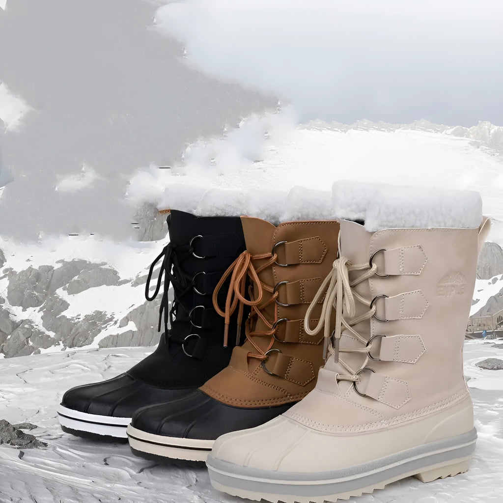 Women's waterproof snow boots in beige brown and black with crazy horse leather upper and rubber sole