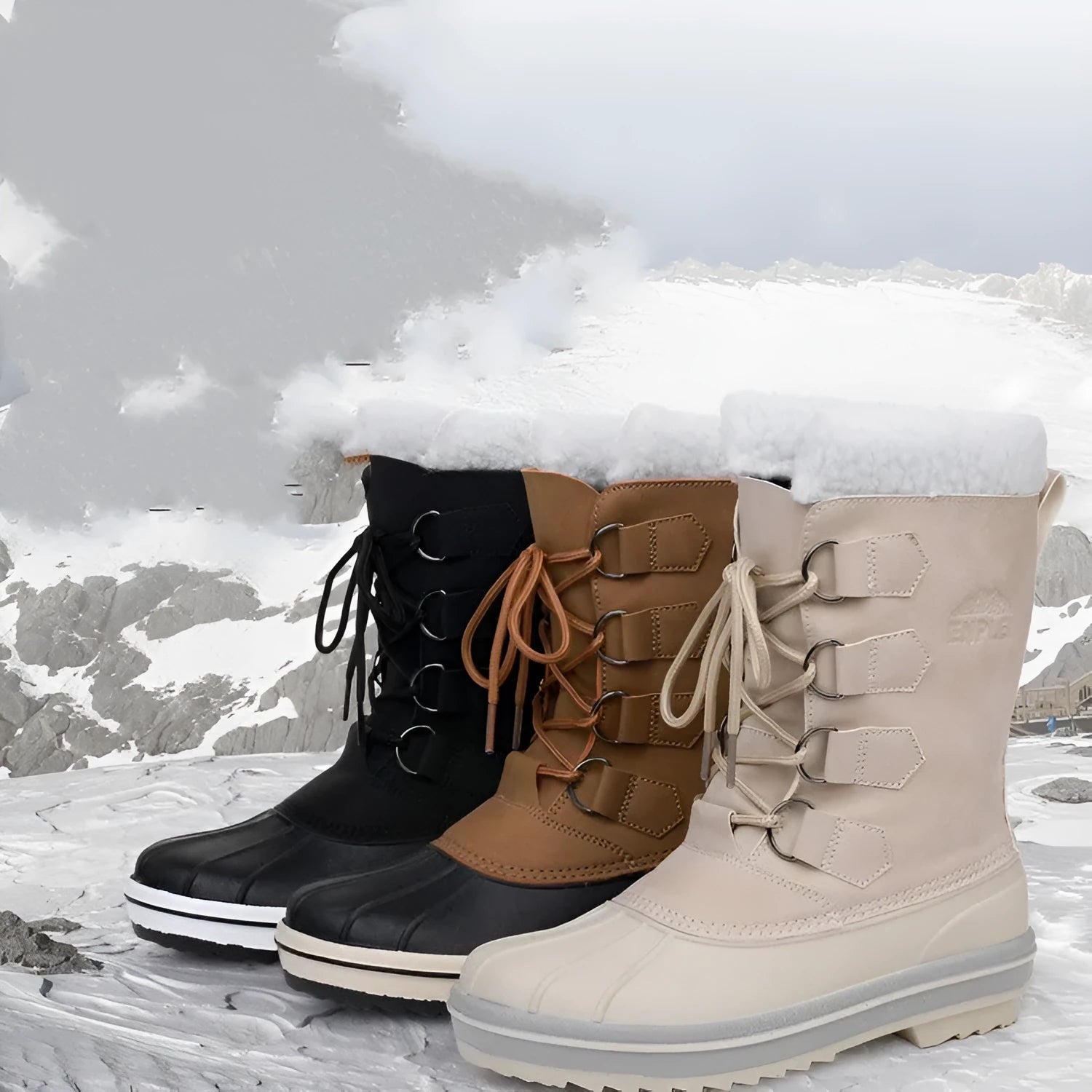 Women's waterproof snow boots in beige brown and black with crazy horse leather upper and rubber sole