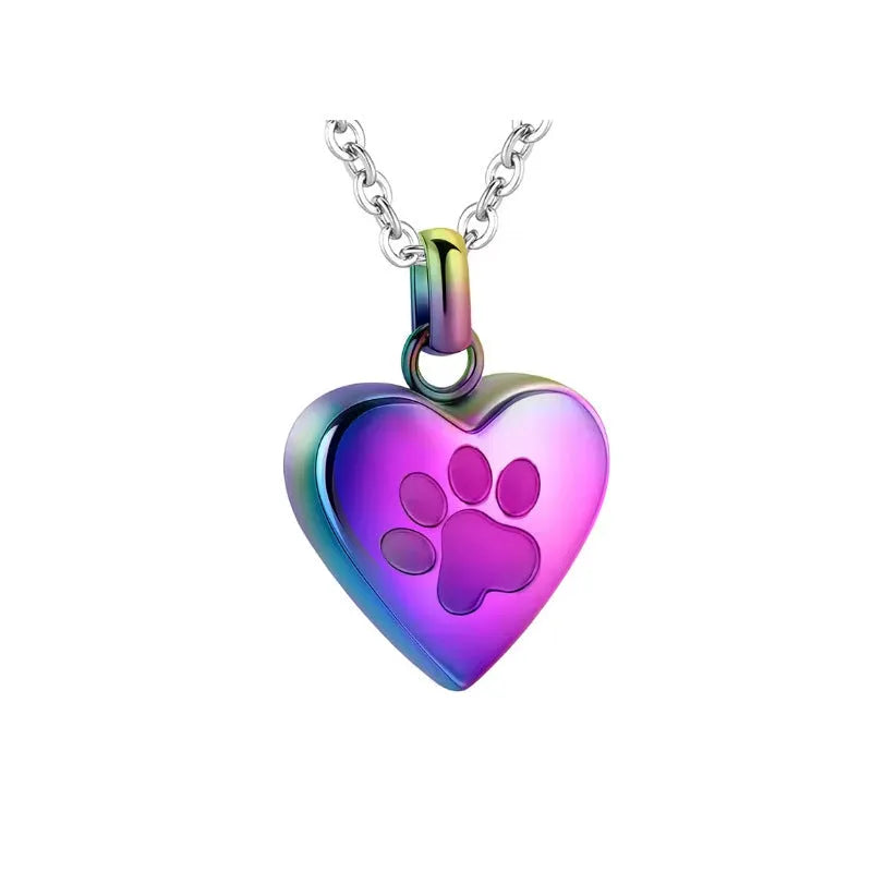 Simple titanium steel heart pendant necklace with love paw print, shown in different colours.