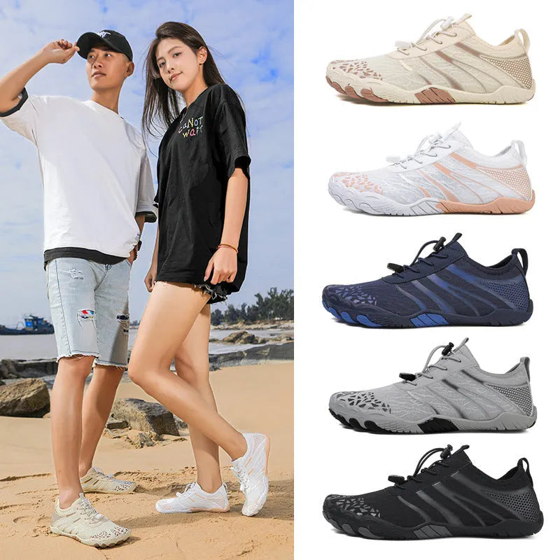 Lycra stretch fabric casual running shoes for men and women on a beach background.