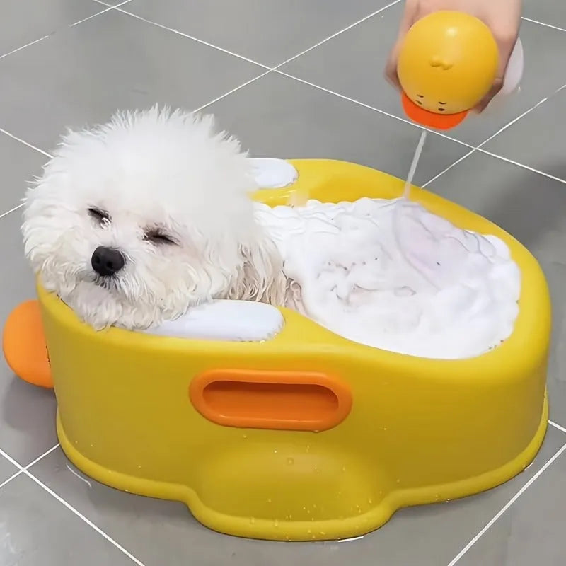 Duck-shaped PVC pet bathtub for dogs and cats in blue, pink and yellow colours