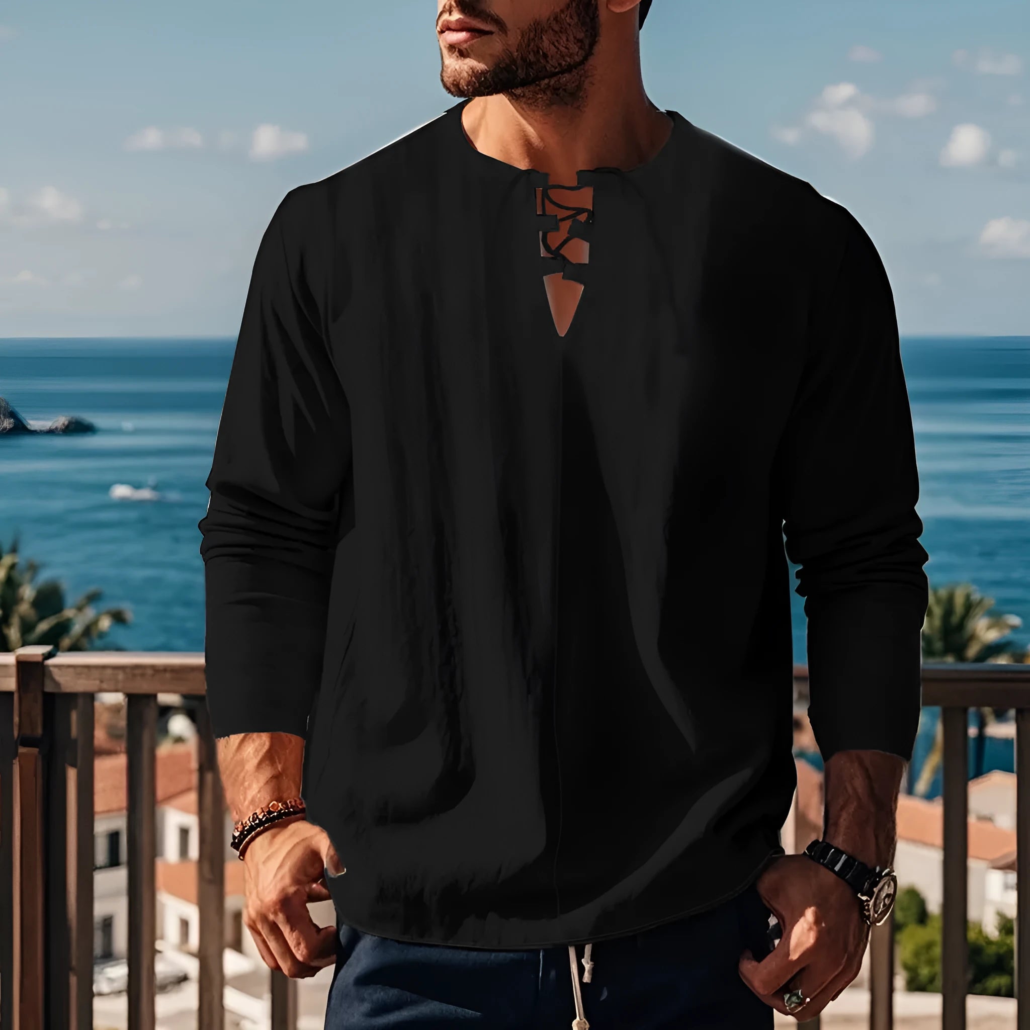 Solid colour cotton linen beach ruff shirt loose pullover style