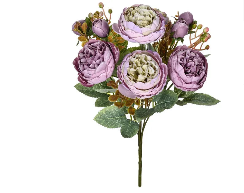 Artificial silk peony flower bouquet in champagne and sand red colours for home decor.
