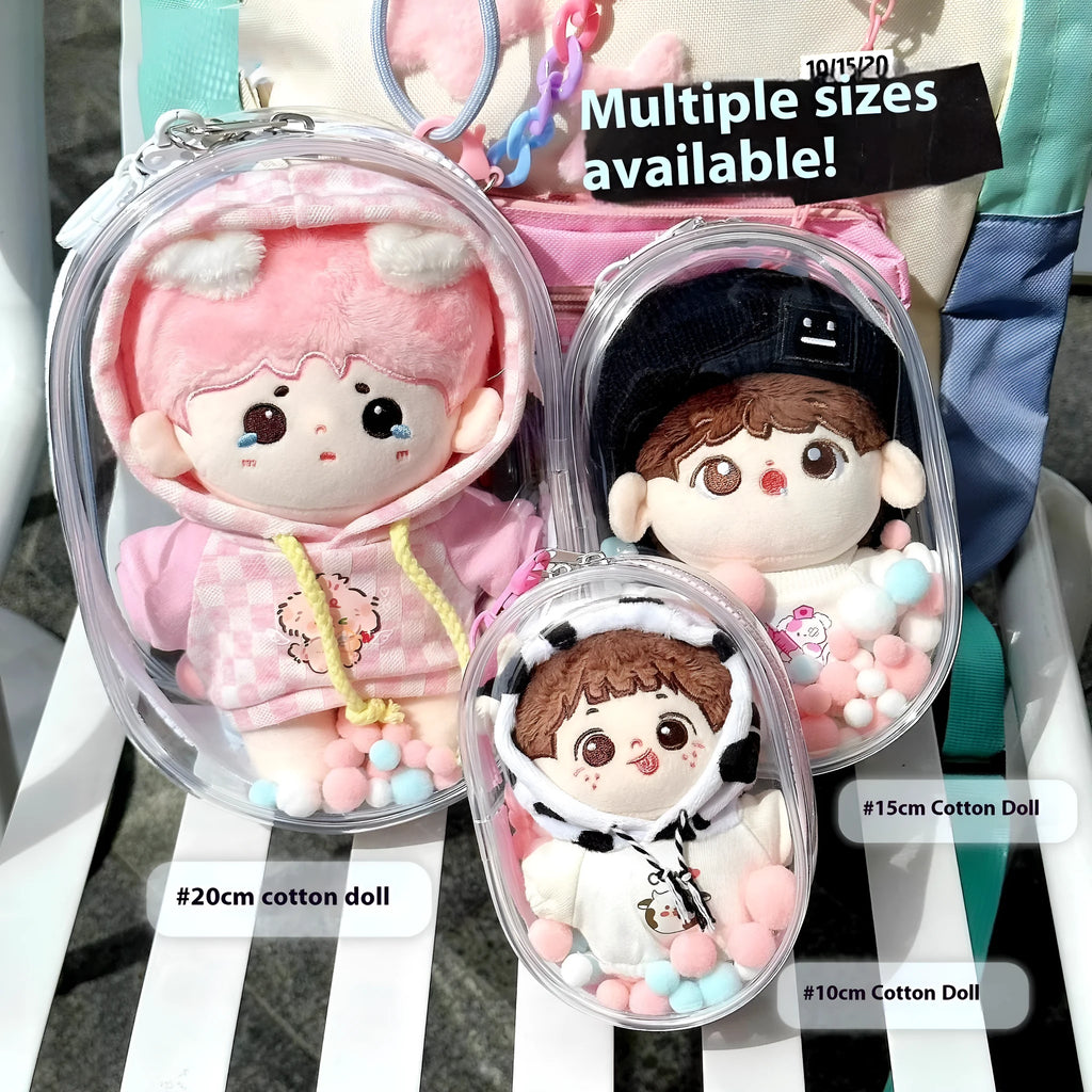 Transparent PVC cube storage bag with colourful ball keychain for cotton dolls and collectibles
