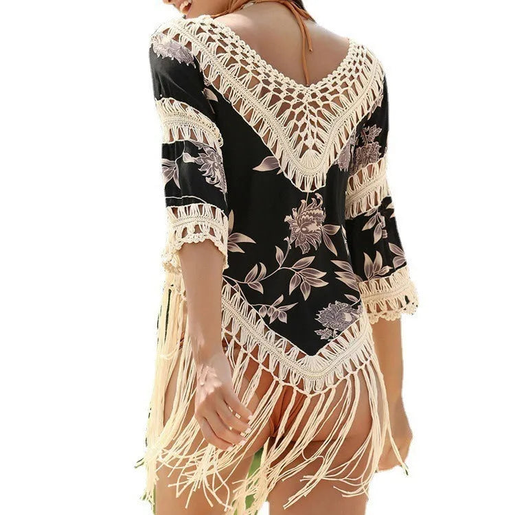 Women's apricot V-neck sun protection blouse with hollow-out design and long sleeves for beach